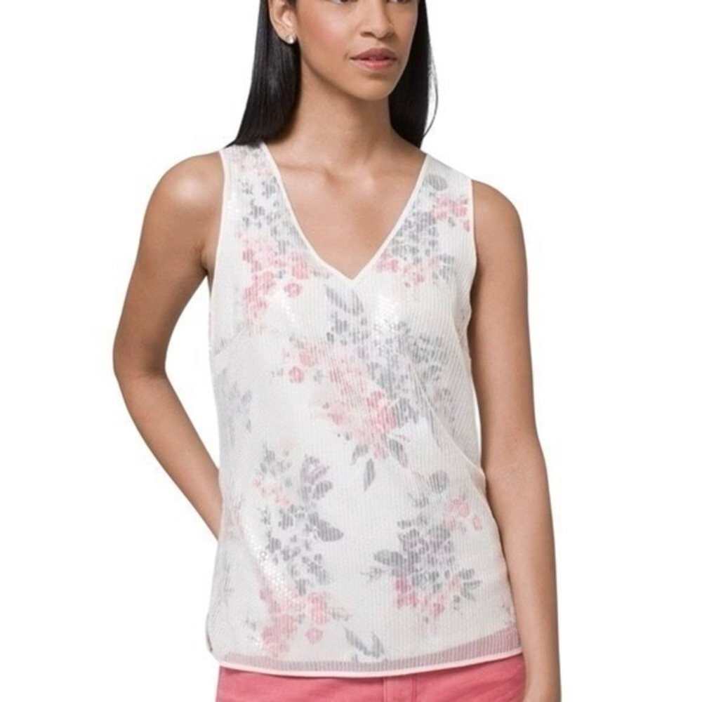 White House Black Market Sequin Floral V-Neck Tank Top Pink White XS